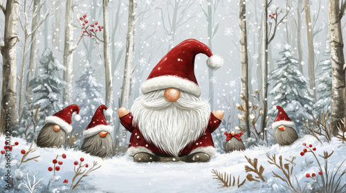 Whimsical gnome in a wool Santa hat playing hide and seek in a snowy forest, clip art, isolated on white background.