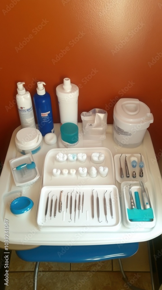 Dental Office Tools and Hygiene Essentials Displayed Dental Office Tools and Hygiene Essentials Displayed