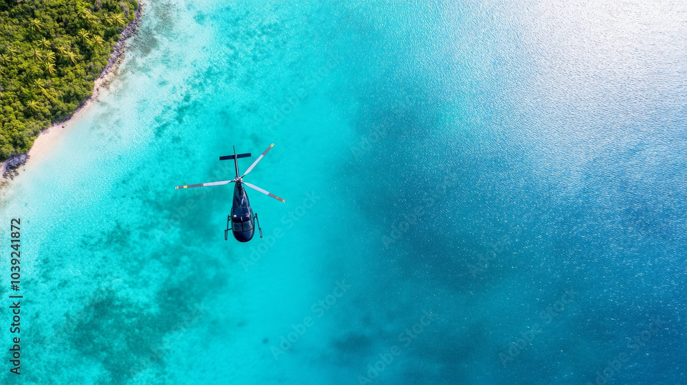 Fototapeta premium A black helicopter flies over the turquoise water of the ocean, near a small, tropical island.