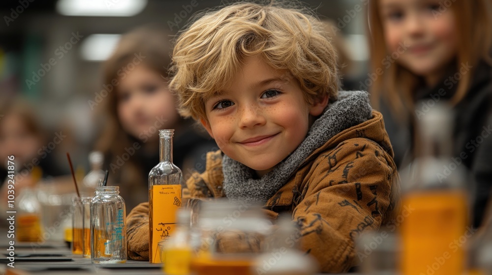 A smiling child at a workshop surrounded by various containers.