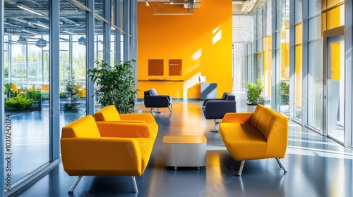 Modern lounge area with bright orange walls and stylish furniture for relaxation and meetings.