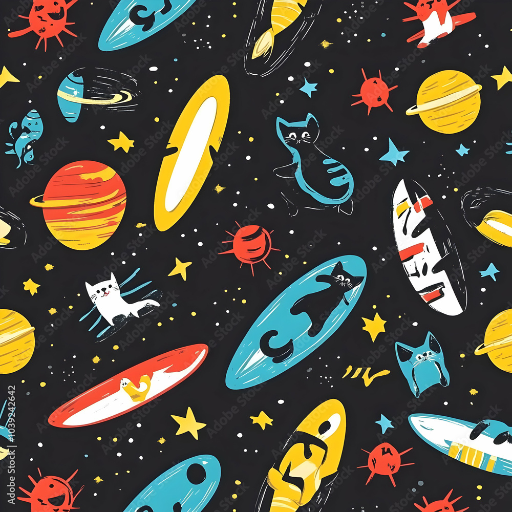 Cute Images - A playful pattern featuring cats on surfboards among planets and stars in a cosmic setting. Cute Images - A playful pattern featuring cats on surfboards among planets and stars in a cosmic setting.