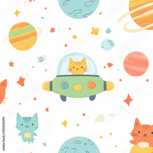 Cute Images - A whimsical pattern featuring cute cats in a spaceship among colorful planets and stars.