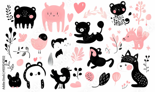 Cute Images - A whimsical illustration featuring cute animals and plants in black and pink colors.