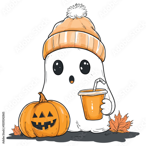 A ghost cartoon character with a pumpkin and a cup of beer with black background