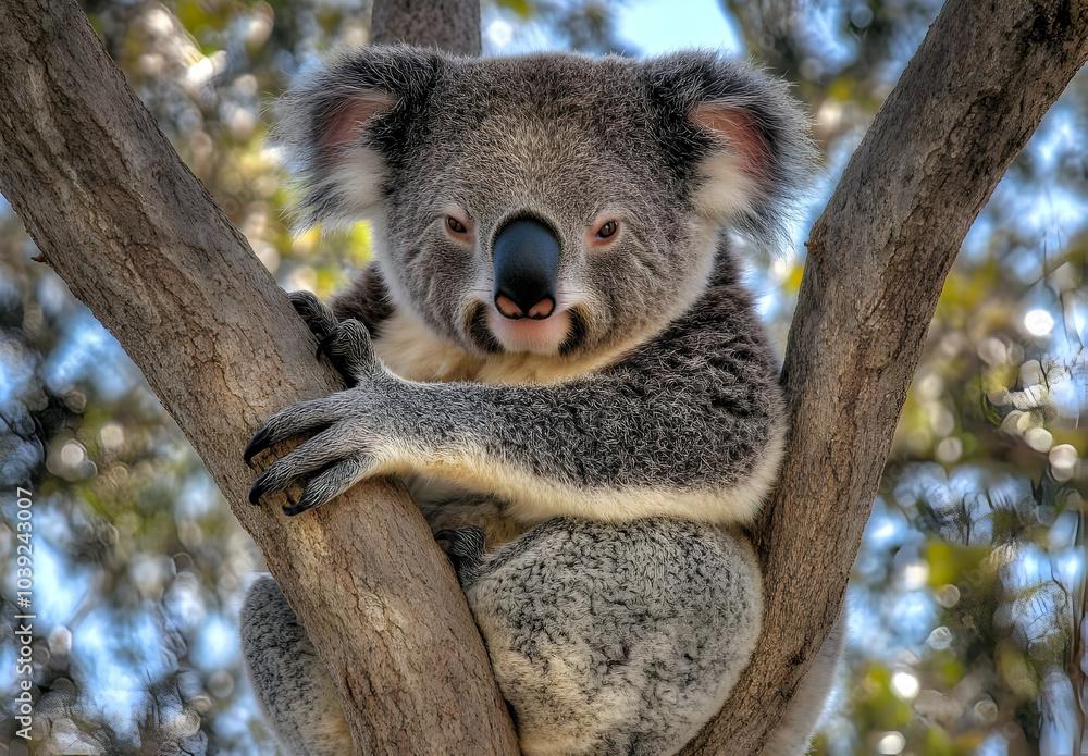 Fototapeta premium Cute Images - A koala perched on a tree branch, showcasing its distinctive features and natural habitat.