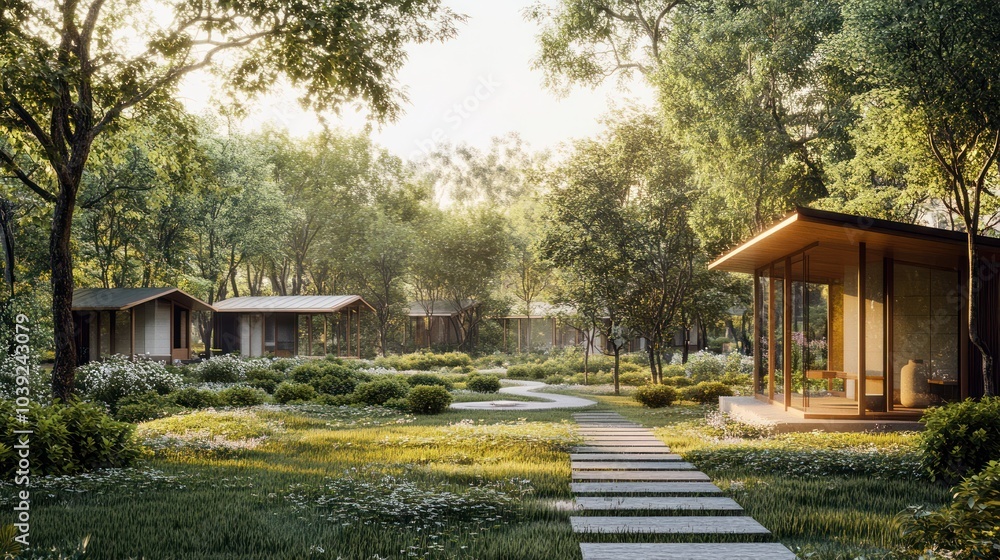 A secluded countryside retreat designed for meditation, with small, simple huts spaced around a central Zen garden, offering a quiet escape from the world. A secluded countryside retreat designed for meditation, with small, simple huts spaced around a central Zen garden, offering a quiet escape from the world.