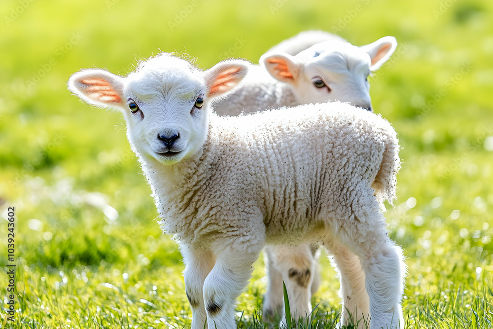 Obraz premium Cute Images - Two playful lambs in a sunny green field, showcasing the innocence of nature.