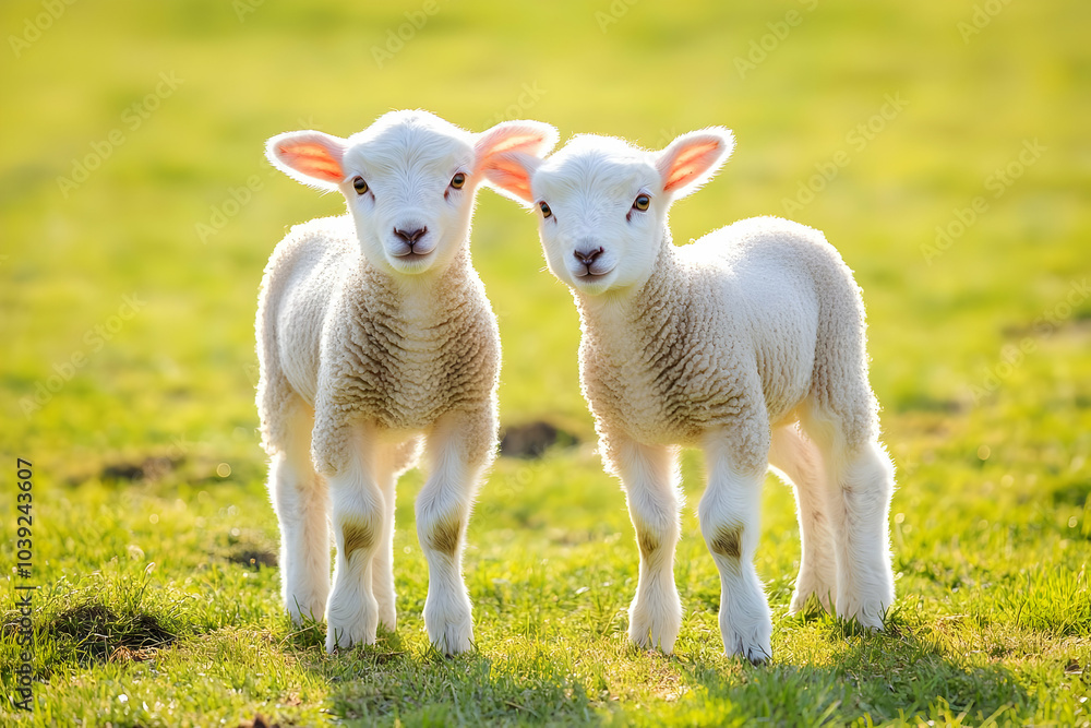 Cute Images - Two adorable lambs standing together in a grassy field under soft sunlight. Cute Images - Two adorable lambs standing together in a grassy field under soft sunlight.