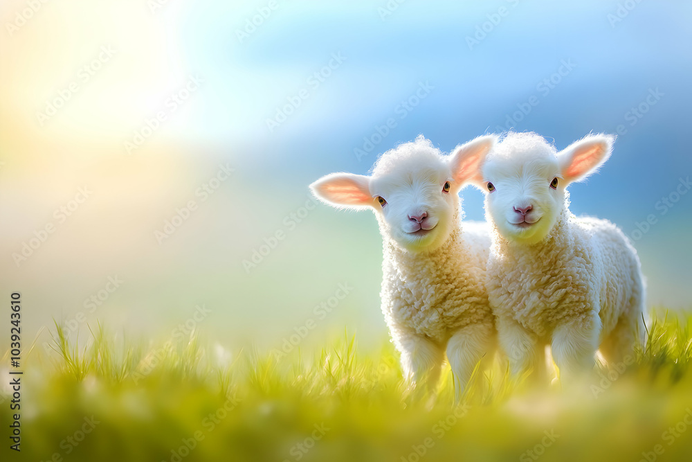 Cute Images - Two adorable lambs standing together in a grassy field under soft sunlight. Cute Images - Two adorable lambs standing together in a grassy field under soft sunlight.