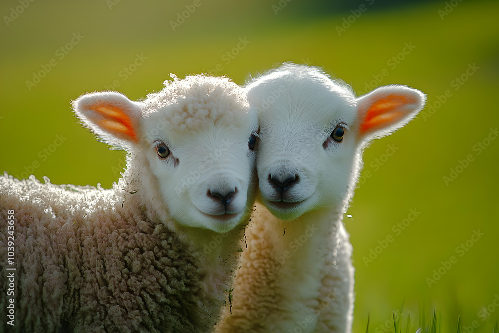 Cute Images - Two adorable lambs nuzzling together in a lush green field. Cute Images - Two adorable lambs nuzzling together in a lush green field.