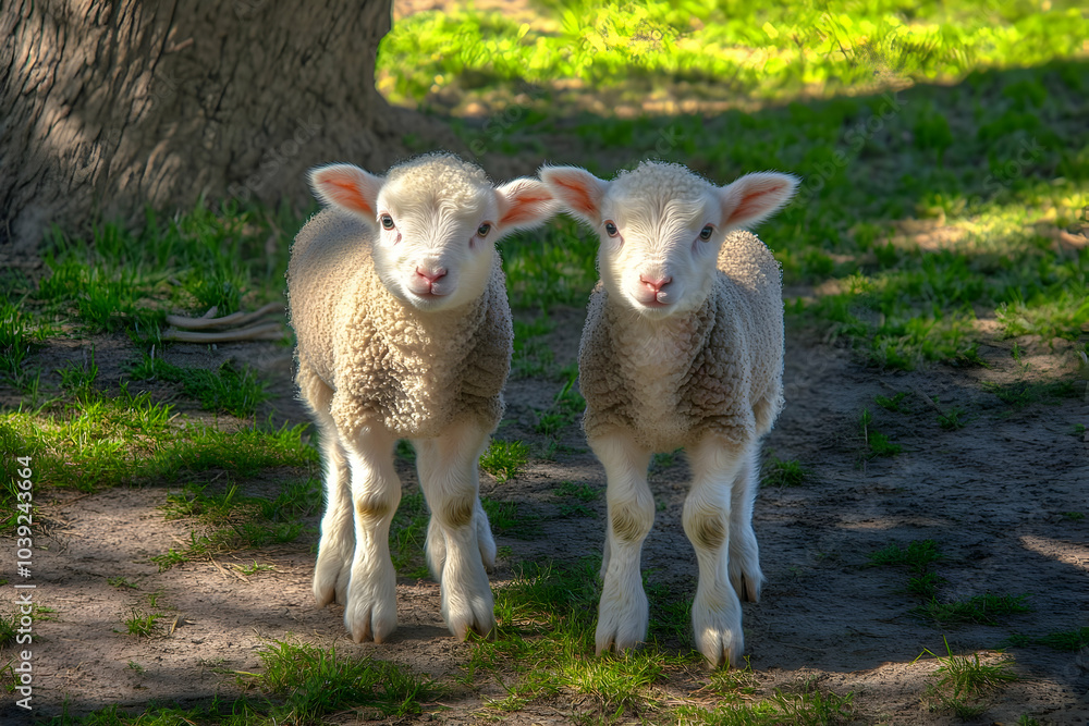 Obraz premium Cute Images - Two adorable lambs stand together in a grassy area under a tree.