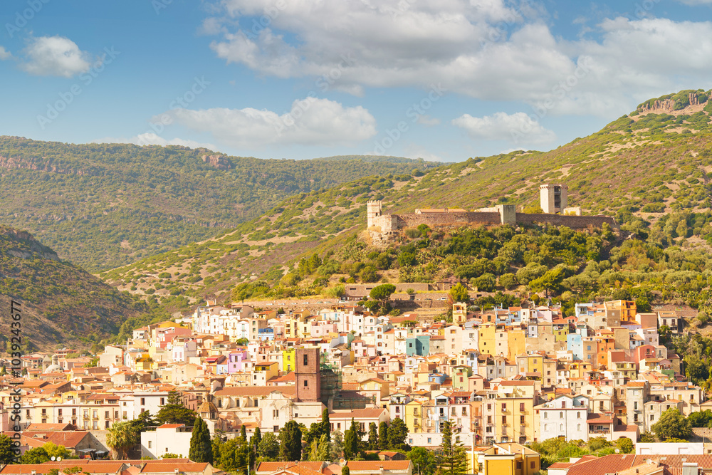 Naklejka premium Panoramic view of the Sardinian village of Bosa with its castle