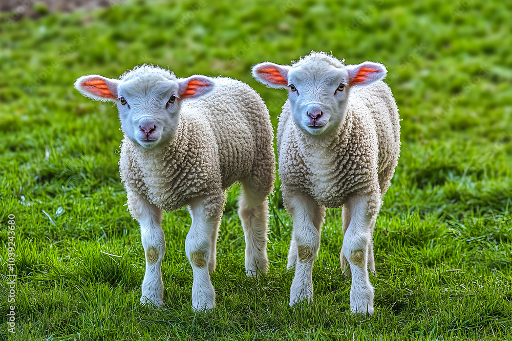Obraz premium Cute Images - Two adorable lambs standing together in a grassy field.