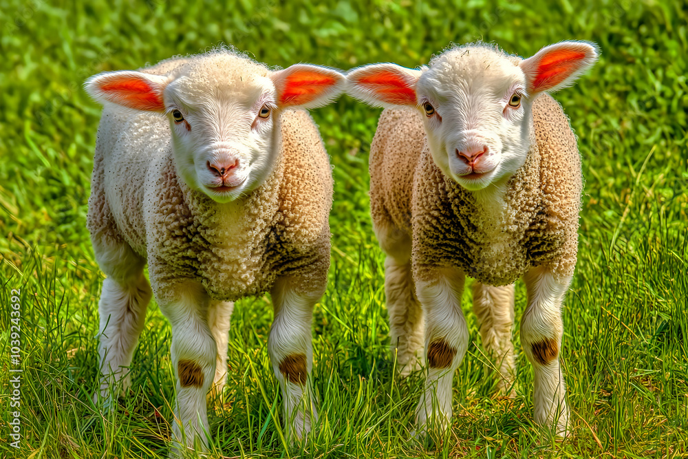 Obraz premium Cute Images - Two adorable lambs standing together in a grassy field.