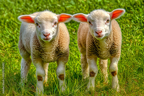 Cute Images - Two adorable lambs standing together in a grassy field.