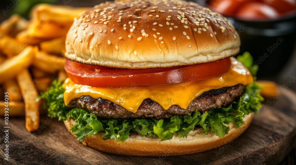 Juicy Cheeseburger with Fresh Ingredients and Fries Juicy Cheeseburger with Fresh Ingredients and Fries
