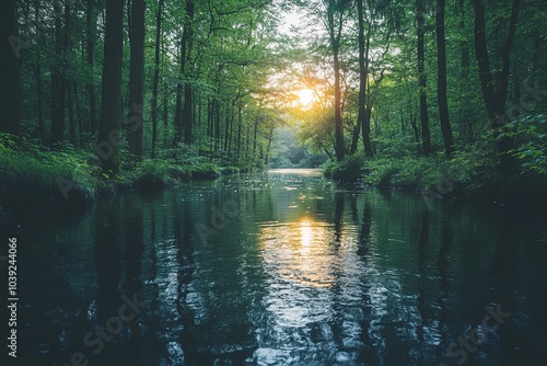 Sunset Reflection on a Forest River