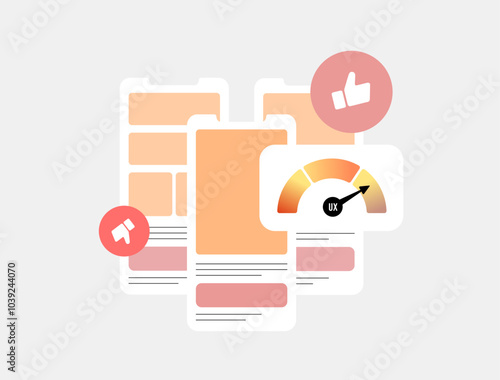 User Experience Optimization for Mobile Apps. UX optimize mobile apps for better user experience. Focus on smooth navigation, load speed and intuitive design. UX flowchart vector illustration