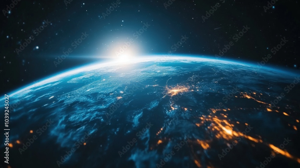 A breathtaking perspective of Planet Earth viewed from space, revealing a realistic depiction of its surface. A breathtaking perspective of Planet Earth viewed from space, revealing a realistic depiction of its surface.