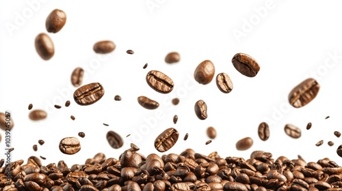 Coffee beans falling on a pile