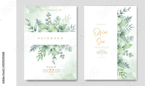 Wedding invitation card with watercolor leaves