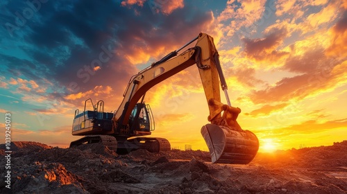 Industrial excavator on a construction site against a vibrant sunset, illustrating heavy machinery at work