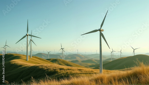 Wind Turbines on a Grassy Hill Under Clear Sky