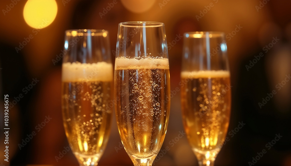 Elegant Trio of Champagne Glasses Aligned on a Table Elegant Trio of Champagne Glasses Aligned on a Table
