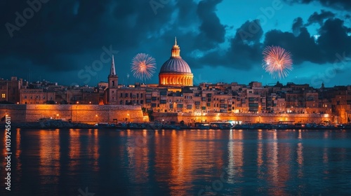 A vibrant cityscape at dusk with fireworks illuminating a historic skyline.