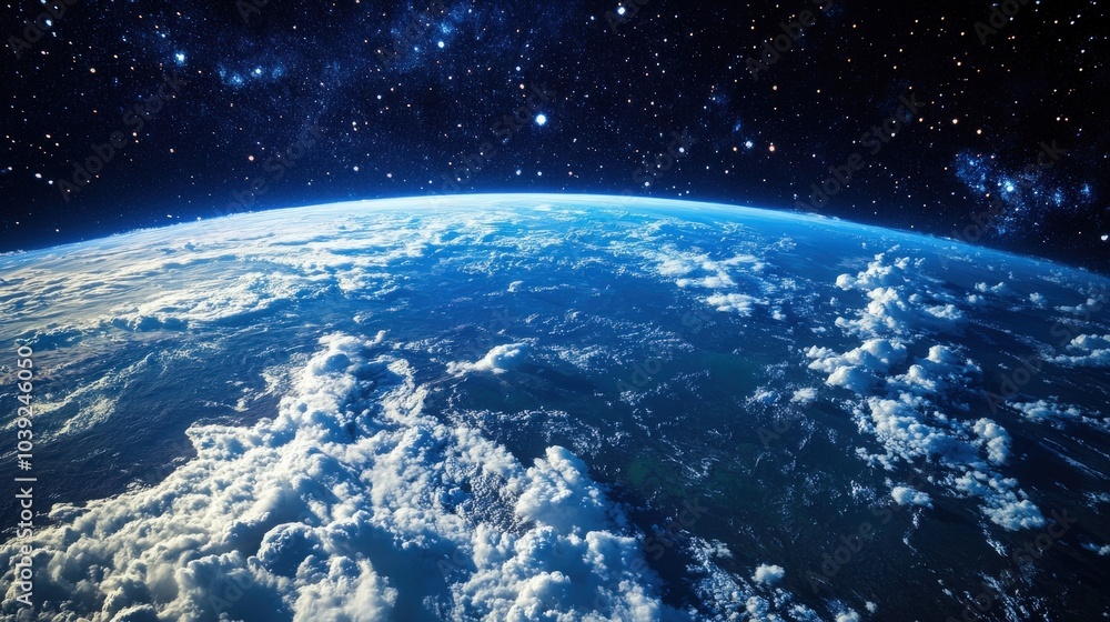 Obraz premium A cinematic Earth shot showing detailed cloud formations over continents and oceans, framed by the deep, starry void of space,