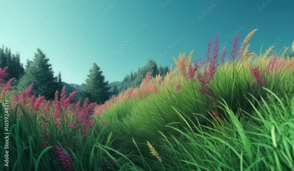a grassy field with pink flowers and trees in the background a grassy field with pink flowers and trees in the background