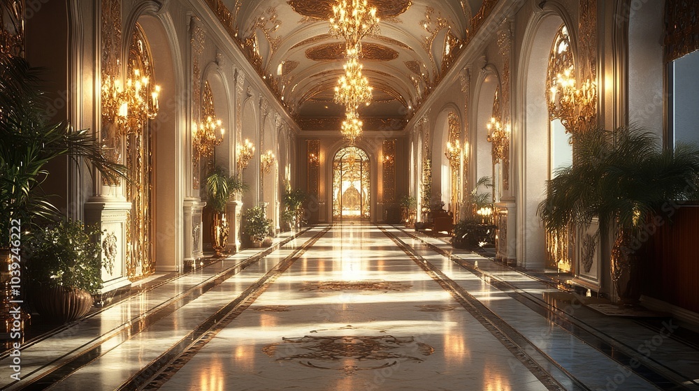 Fototapeta premium Golden Hallway with Palm Trees