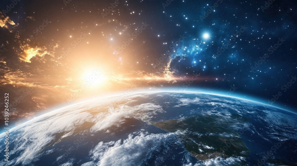 Earth, with clouds flowing over the surface and sunlight illuminating the globe, set against a serene, starry space background, evoking a sense of cosmic wonder Earth, with clouds flowing over the surface and sunlight illuminating the globe, set against a serene, starry space background, evoking a sense of cosmic wonder