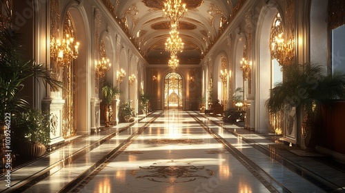 Golden Hallway with Palm Trees