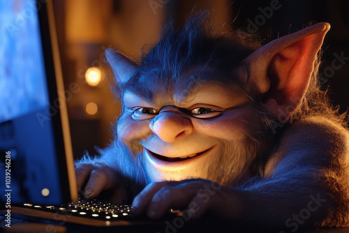 A smiling Troll smiling looking at his computer screen , illustrating trolls on the internet, hate speech, cyberbullying , online harassment ,doxing  photo