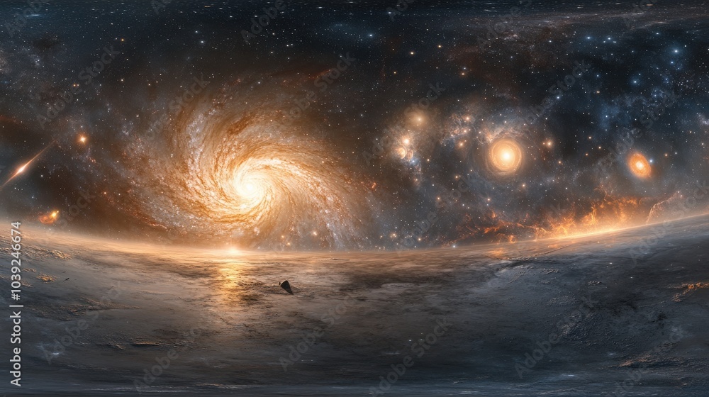 A detailed 360-degree HDRI equirectangular panorama of space, showcasing colorful nebulae and distant stars, perfect for creating an immersive space background. A detailed 360-degree HDRI equirectangular panorama of space, showcasing colorful nebulae and distant stars, perfect for creating an immersive space background.