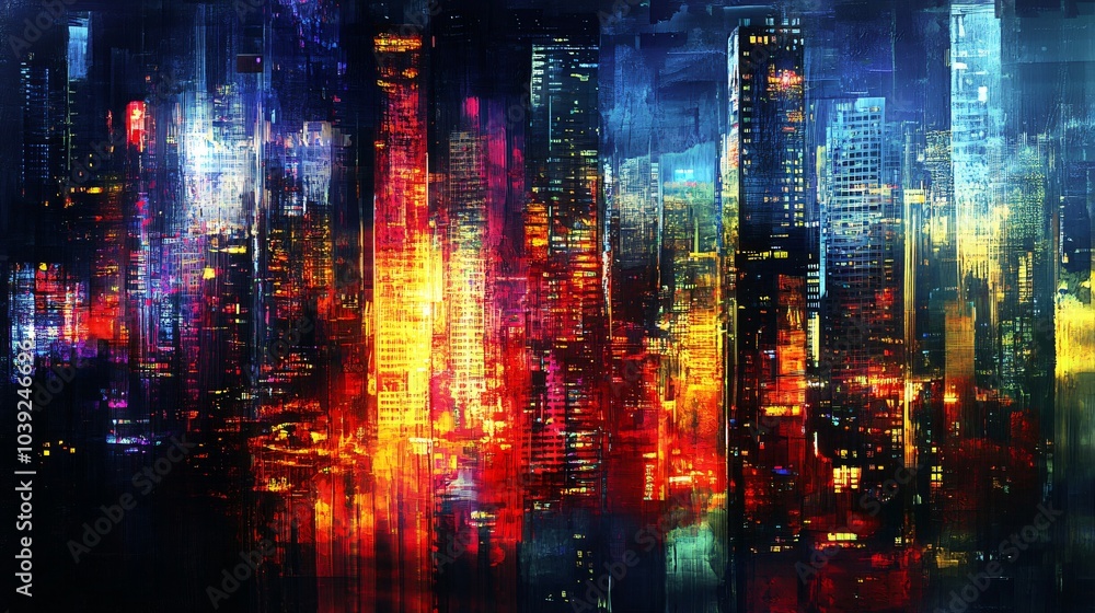 Abstract painting of a city skyline with vibrant colors and brushstrokes. Abstract painting of a city skyline with vibrant colors and brushstrokes.