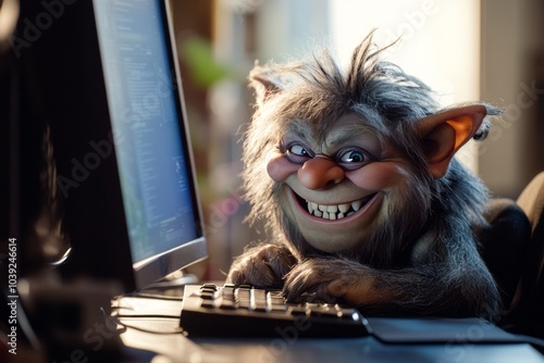 A smiling Troll smiling looking at his computer screen , illustrating trolls on the internet, hate speech, cyberbullying , online harassment ,doxing  photo