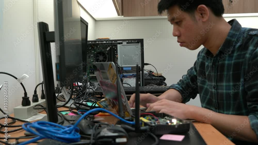 A man is typing on a laptop in front of two monitors. The man is wearing a plaid shirt A man is typing on a laptop in front of two monitors. The man is wearing a plaid shirt