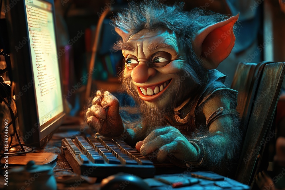 A smiling Troll smiling looking at his computer screen , illustrating ...
