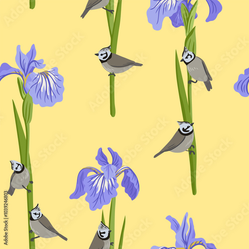 seamless pattern with irises and birds, vector drawing flowers and crested tits at light yellow background, hand drawn botanical illustration