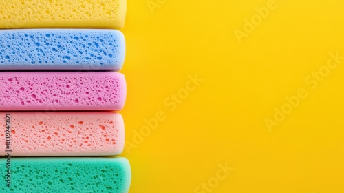 Brightly colored sponges are arranged side by side, creating an eye-catching display perfect for cleaning tasks photo