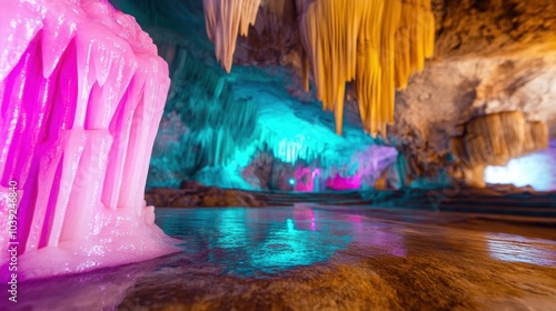 Vivid pink, blue, and orange crystals glisten in the underground cave, showcasing natureвЂ™s artistry and creating a magical atmosphere