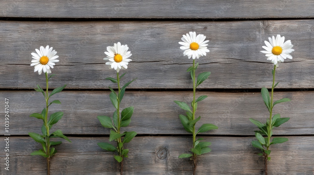 Obraz premium A row of cheerful daisies flourish against a rustic wooden wall, showcasing their delicate flowers in a vibrant spring display