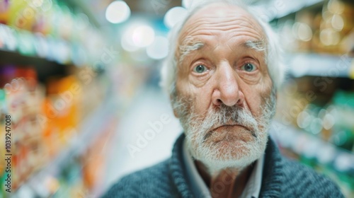 An elderly man stands in a grocery store, appearing perplexed as he browses the shelves