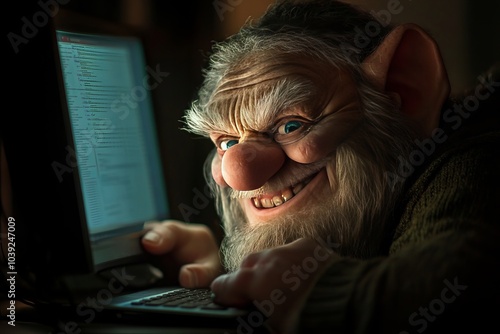 A smiling Troll smiling looking at his computer screen , illustrating trolls on the internet, hate speech, cyberbullying , online harassment ,doxing  photo