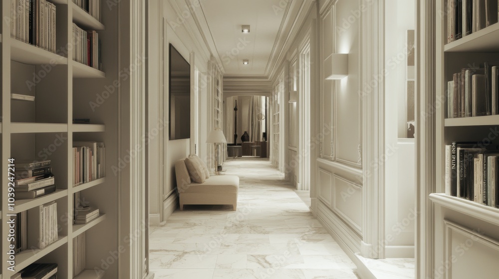 Obraz premium Elegant Hallway with Bookshelves and Soft Lighting