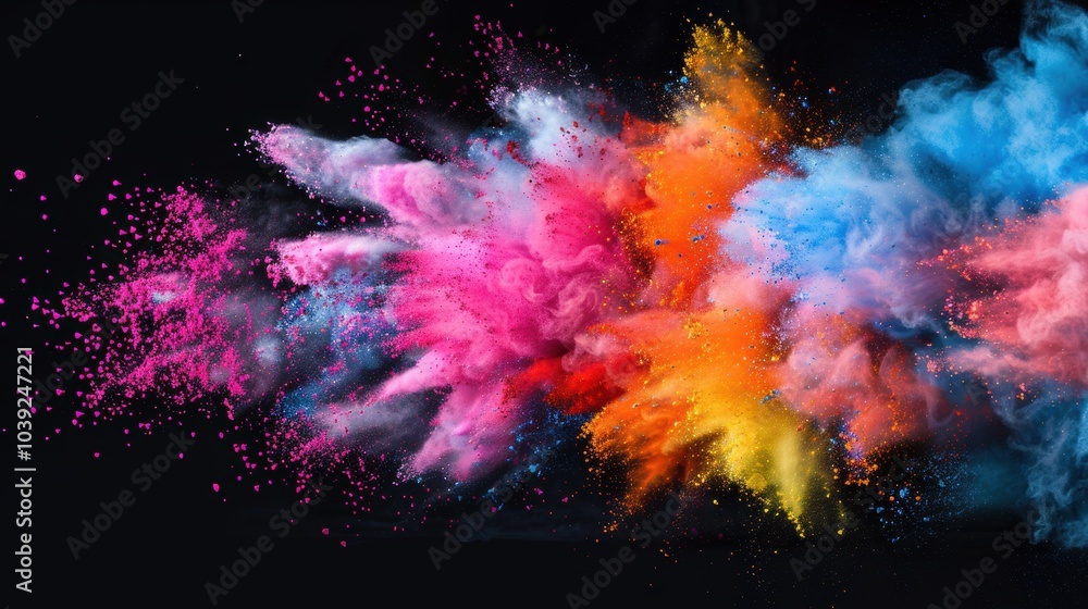 A burst of colorful powder erupts into the air, mixing shades of pink, blue, orange, and yellow on a dark backdrop, showcasing movement and energy A burst of colorful powder erupts into the air, mixing shades of pink, blue, orange, and yellow on a dark backdrop, showcasing movement and energy