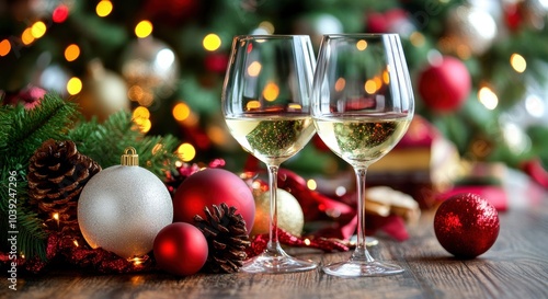 Friends raise their glasses of wine, surrounded by festive ornaments and twinkling lights, as they celebrate a joyous occasion together